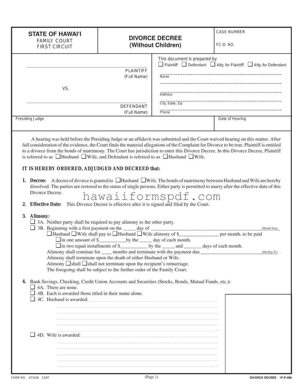 Free Divorce Decree Hawaii Template