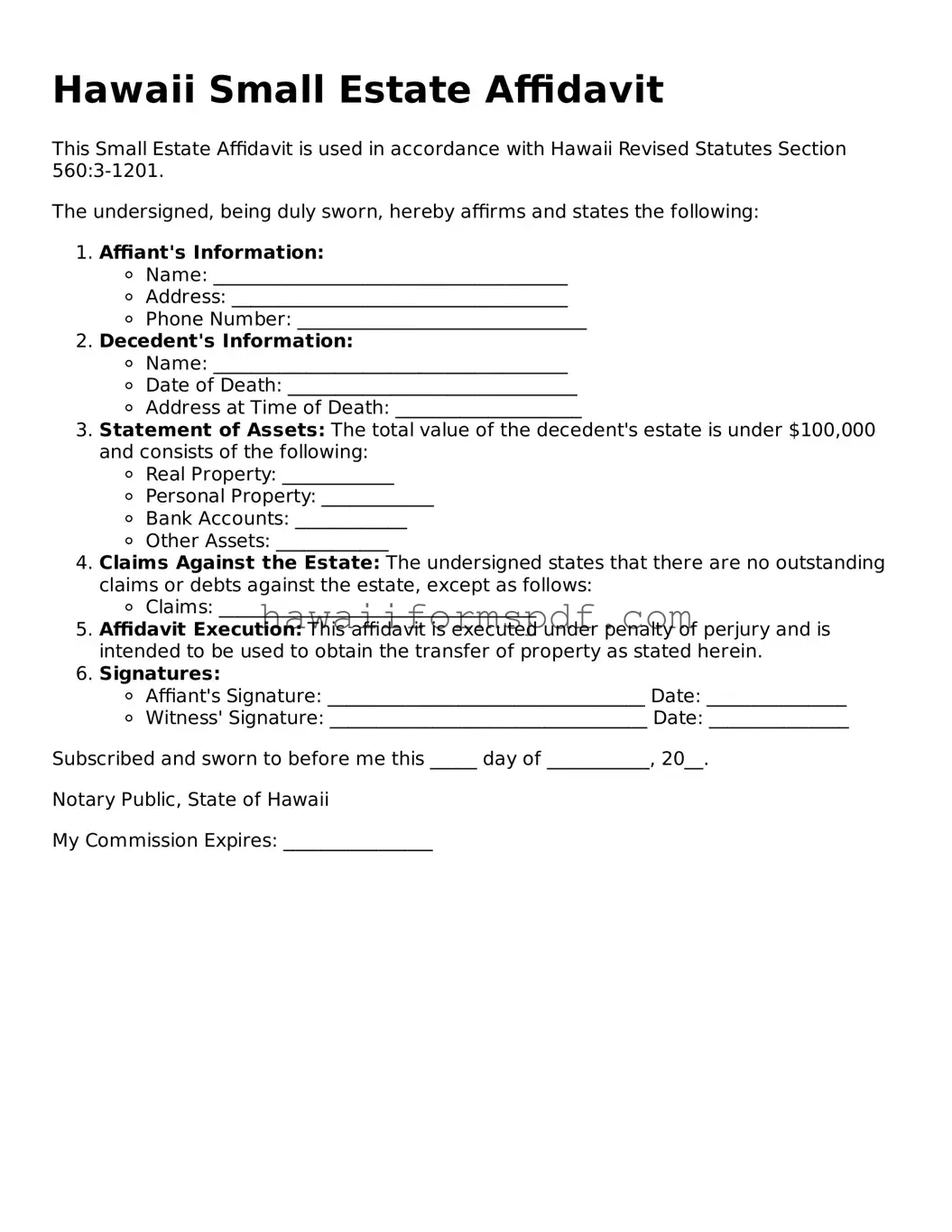 Free Hawaii Small Estate Affidavit Form