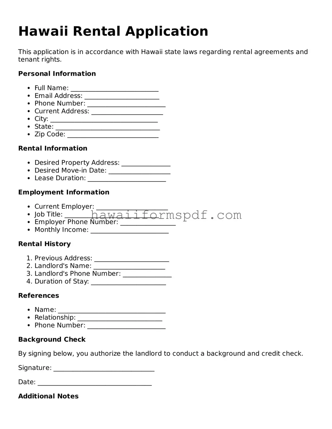 Free Hawaii Rental Application Form
