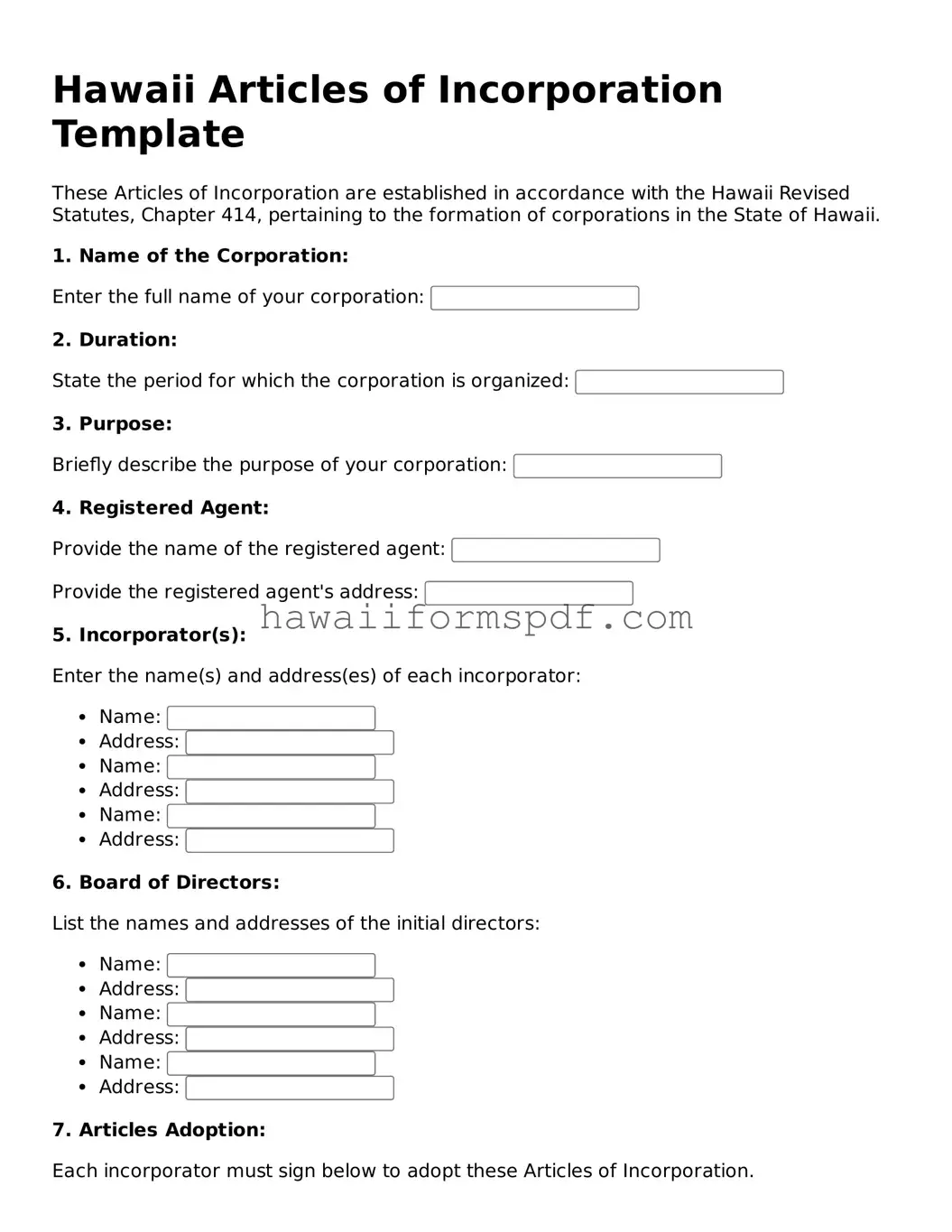 Free Hawaii Articles of Incorporation Form