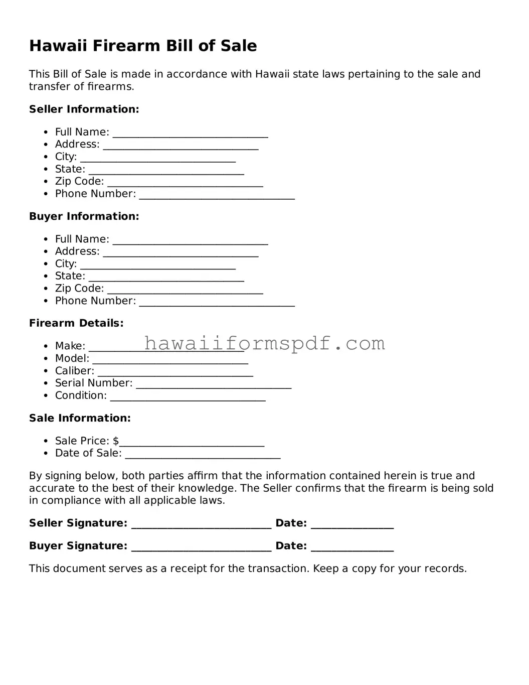 Free Hawaii Firearm Bill of Sale Form