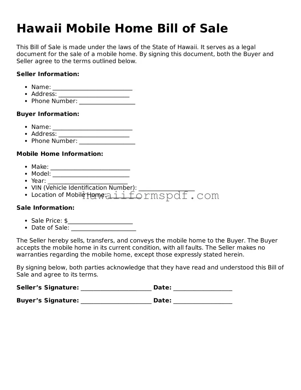 Free Hawaii Mobile Home Bill of Sale Form