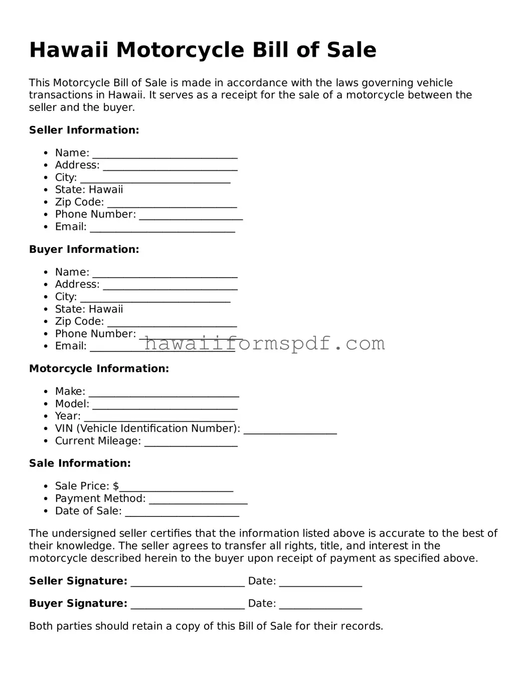 Free Hawaii Motorcycle Bill of Sale Form