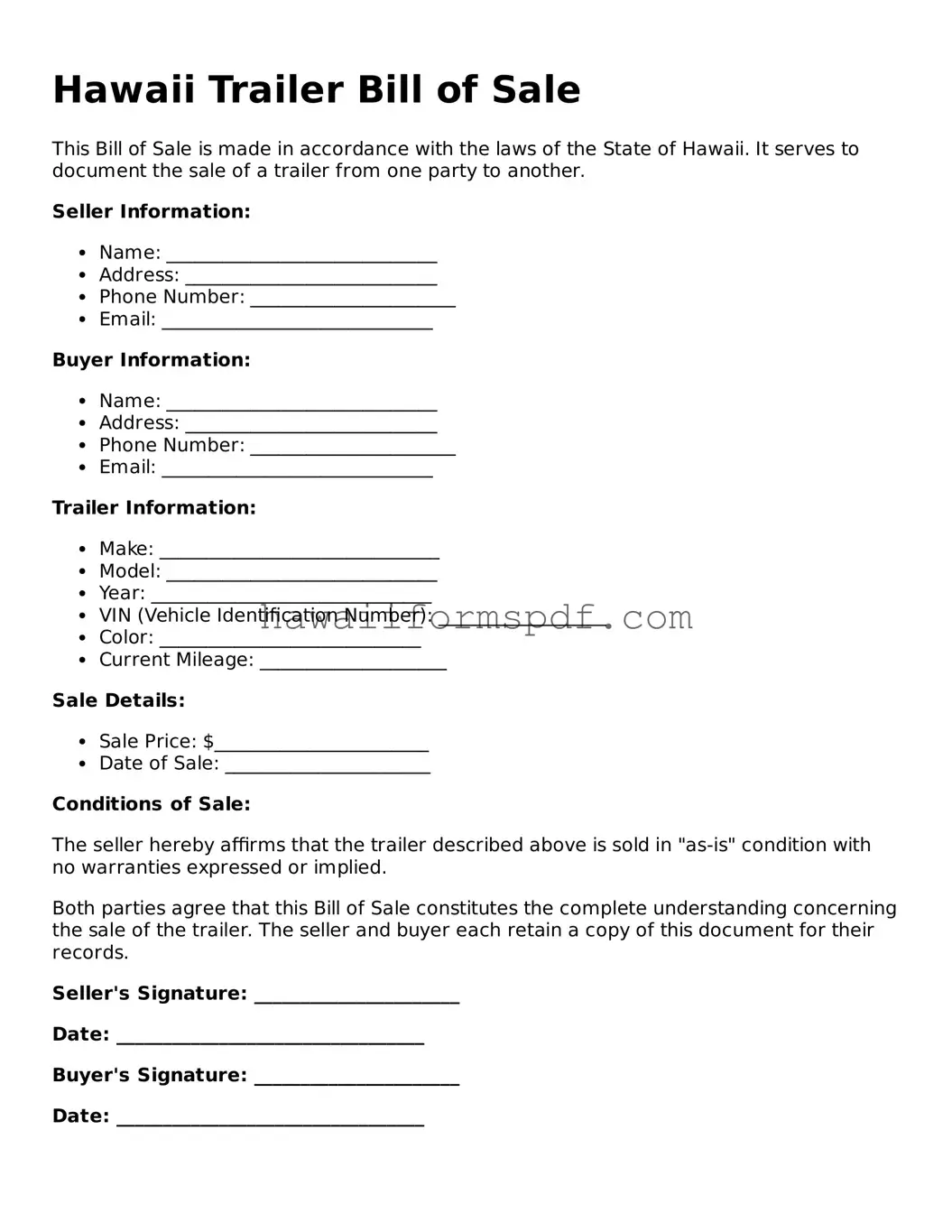 Free Hawaii Trailer Bill of Sale Form