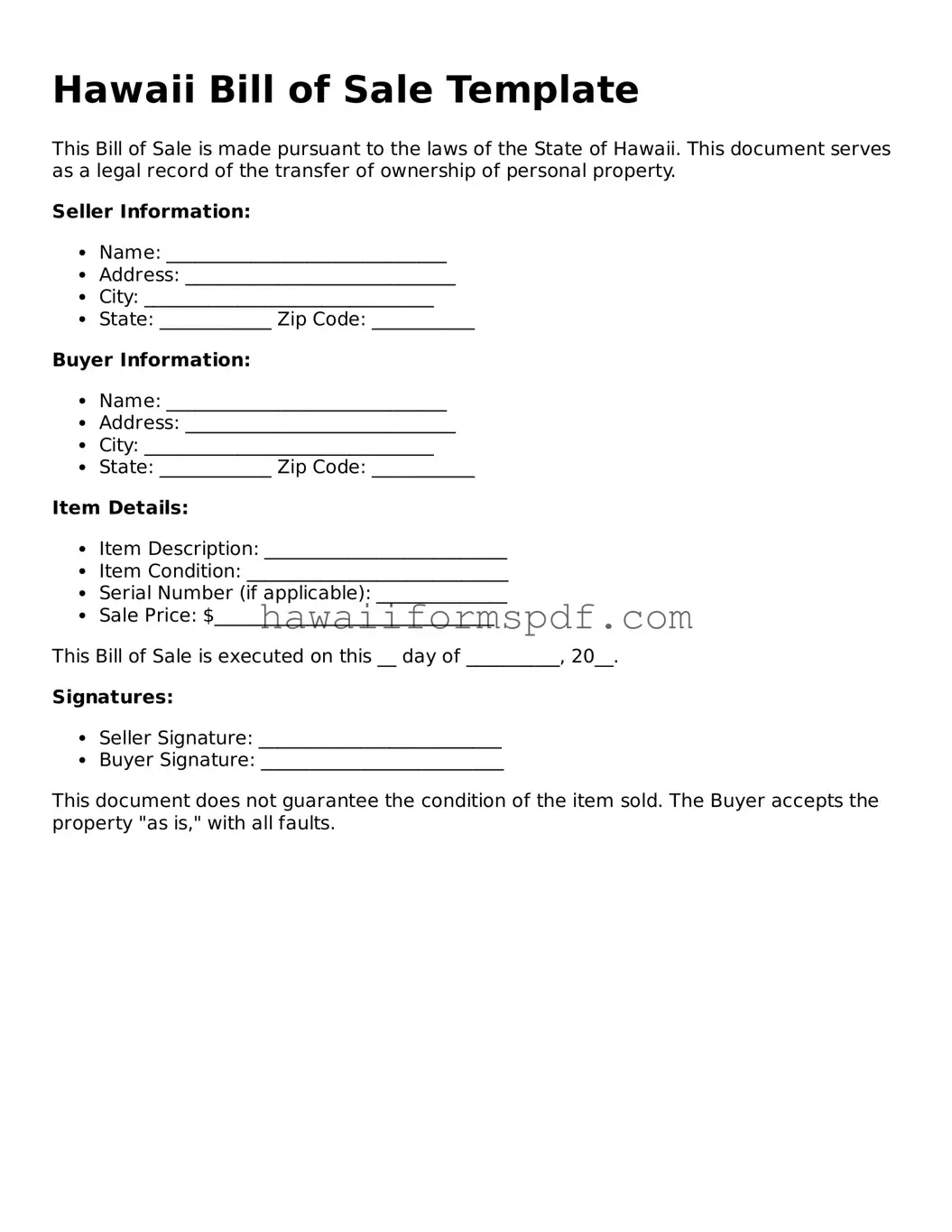 Free Hawaii Bill of Sale Form
