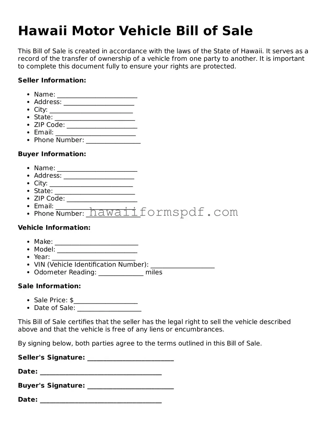 Free Hawaii Motor Vehicle Bill of Sale Form