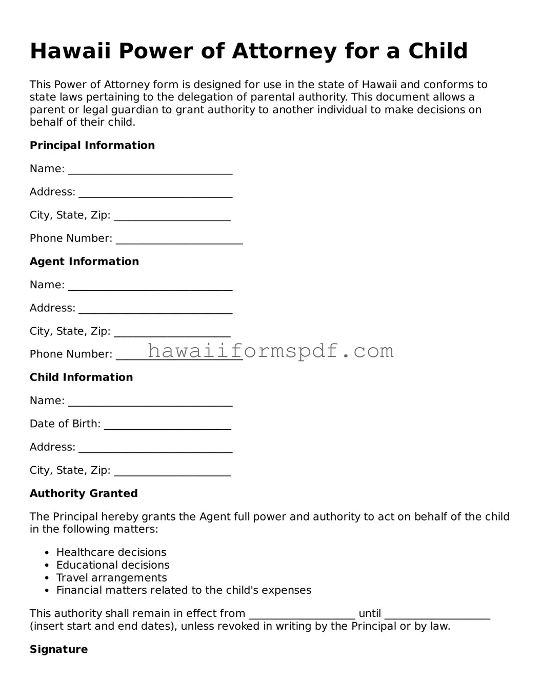 Free Hawaii Power of Attorney for a Child Form
