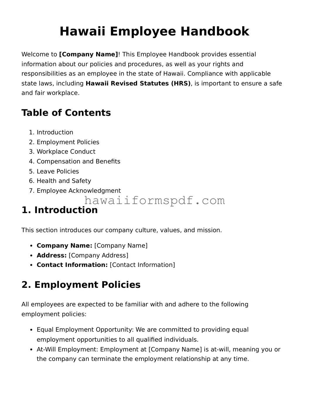 Free Hawaii Employee Handbook Form