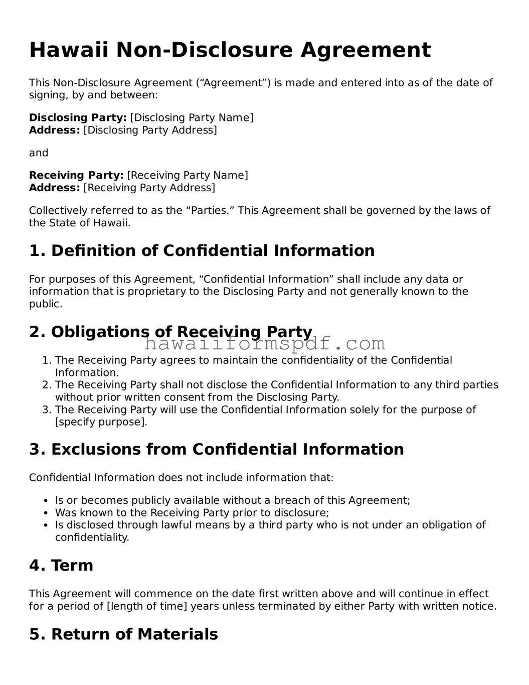 Free Hawaii Non-disclosure Agreement Form