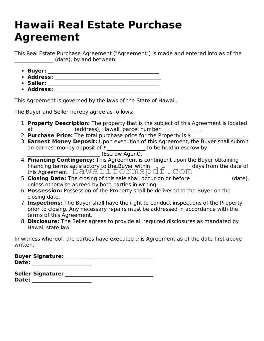 Free Hawaii Real Estate Purchase Agreement Form