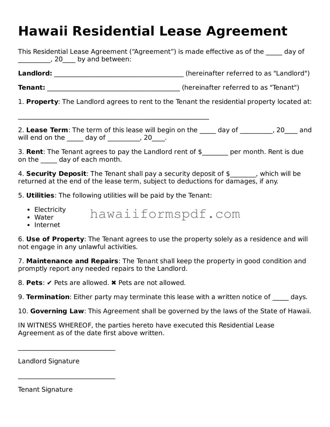 Free Hawaii Residential Lease Agreement Form