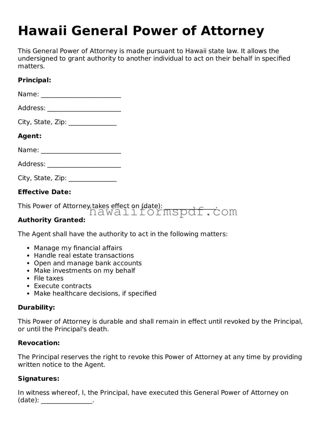 Free Hawaii General Power of Attorney Form