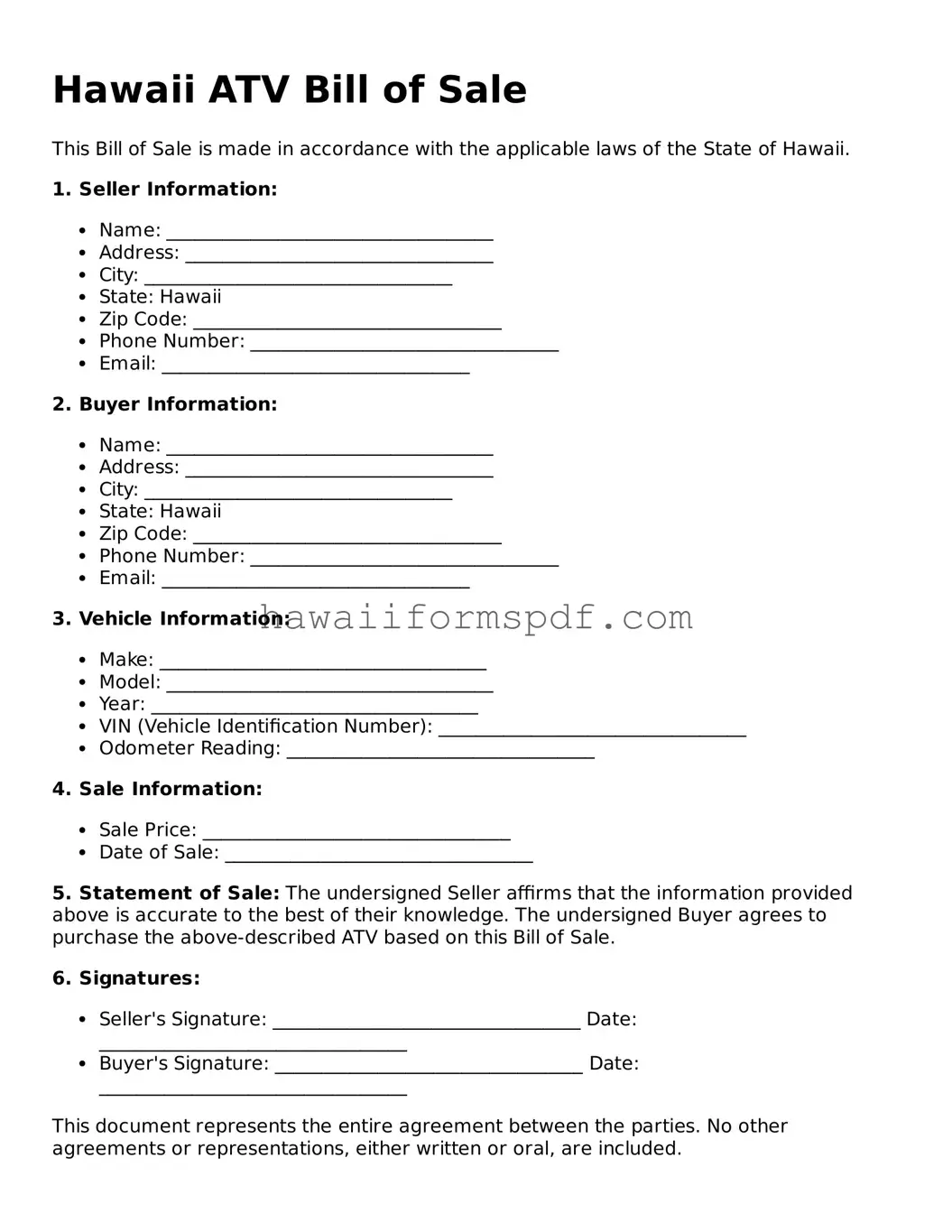 Free Hawaii ATV Bill of Sale Form