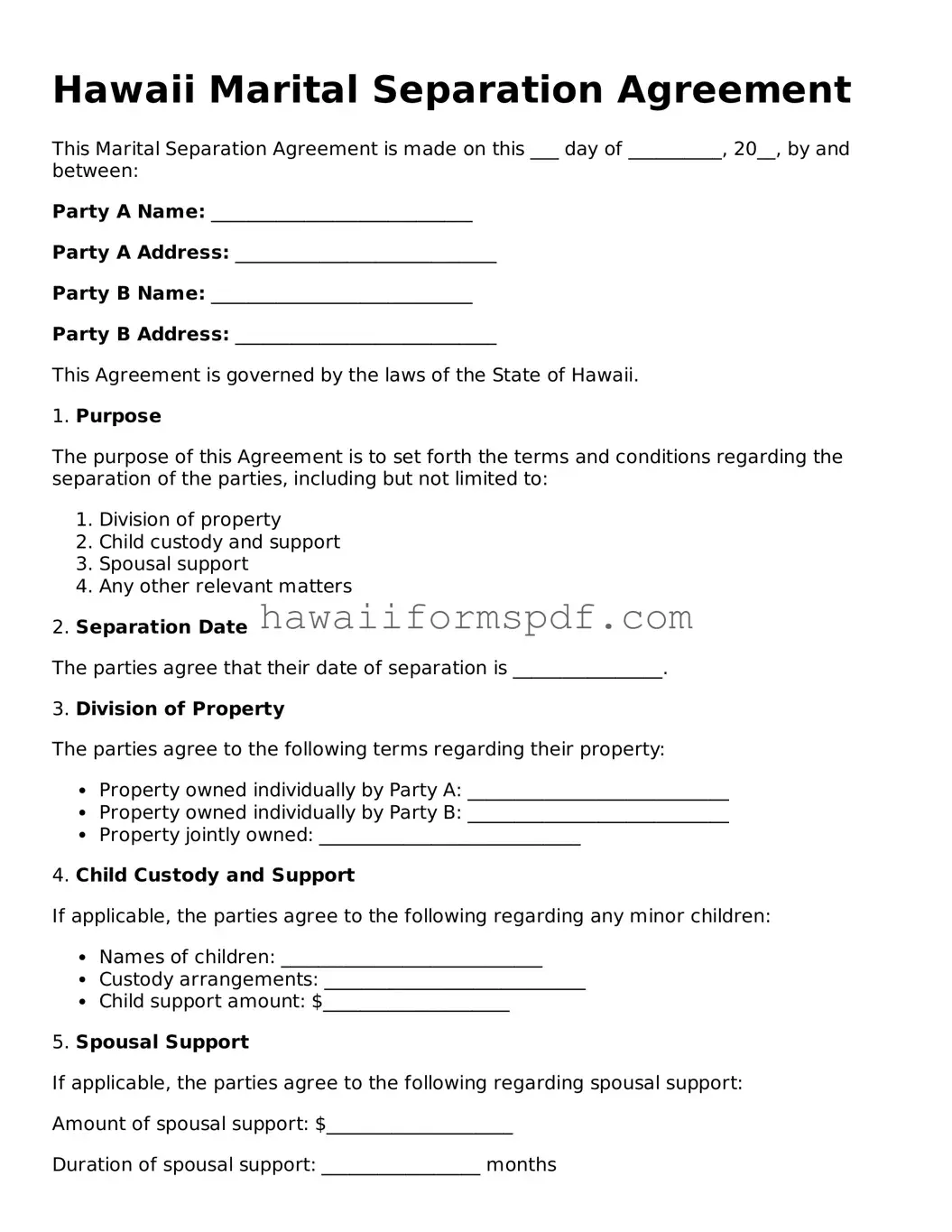 Free Hawaii Marital Separation Agreement Form