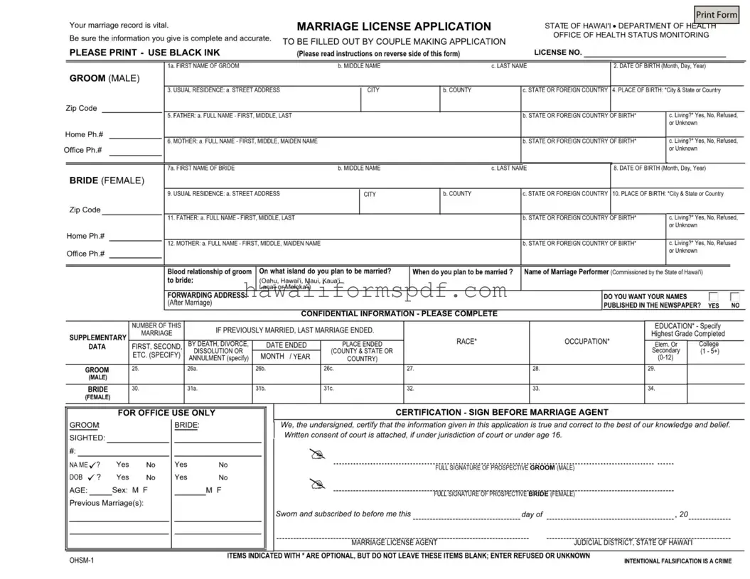 Free Hawaii Marriage Licens Application Template