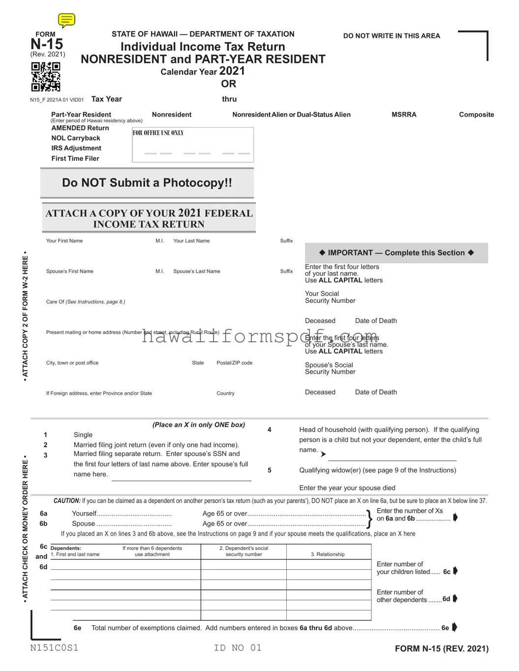 Free Hawaii N15 Tax Template