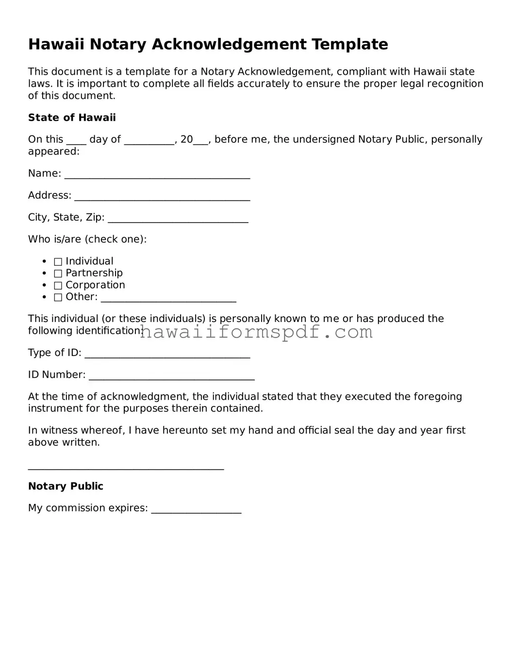 Free Hawaii Notary Acknowledgement Form