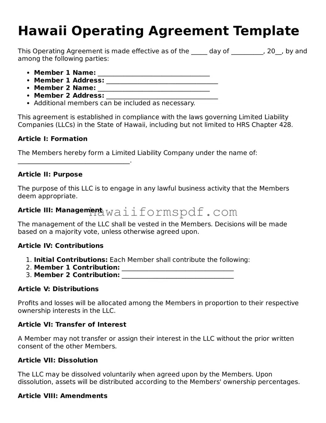 Free Hawaii Operating Agreement Form