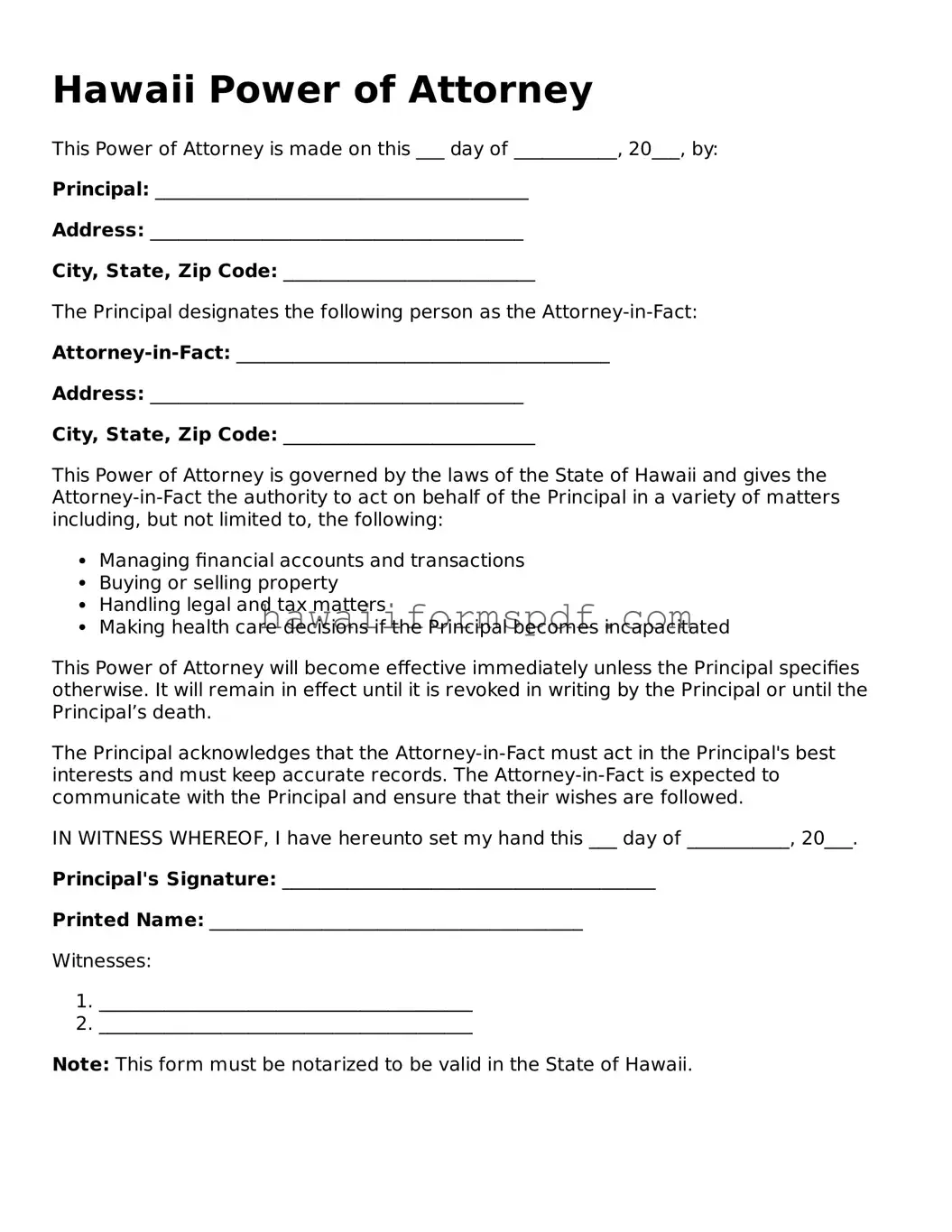 Free Hawaii Power of Attorney Form