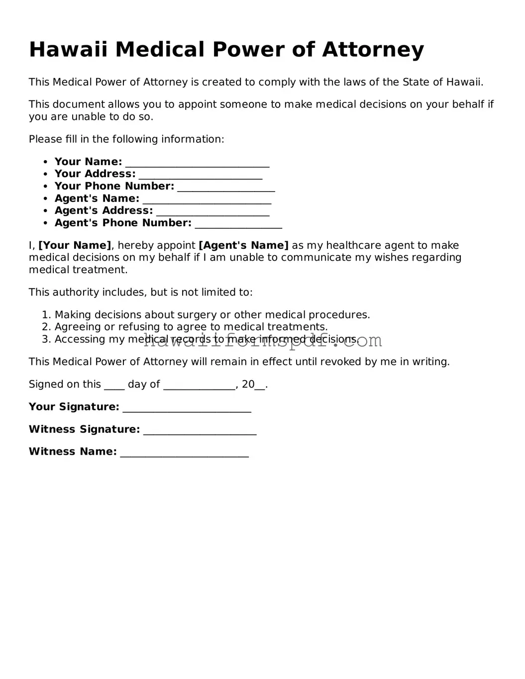 Free Hawaii Medical Power of Attorney Form
