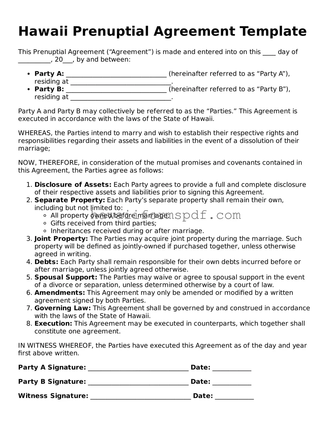 Free Hawaii Prenuptial Agreement Form