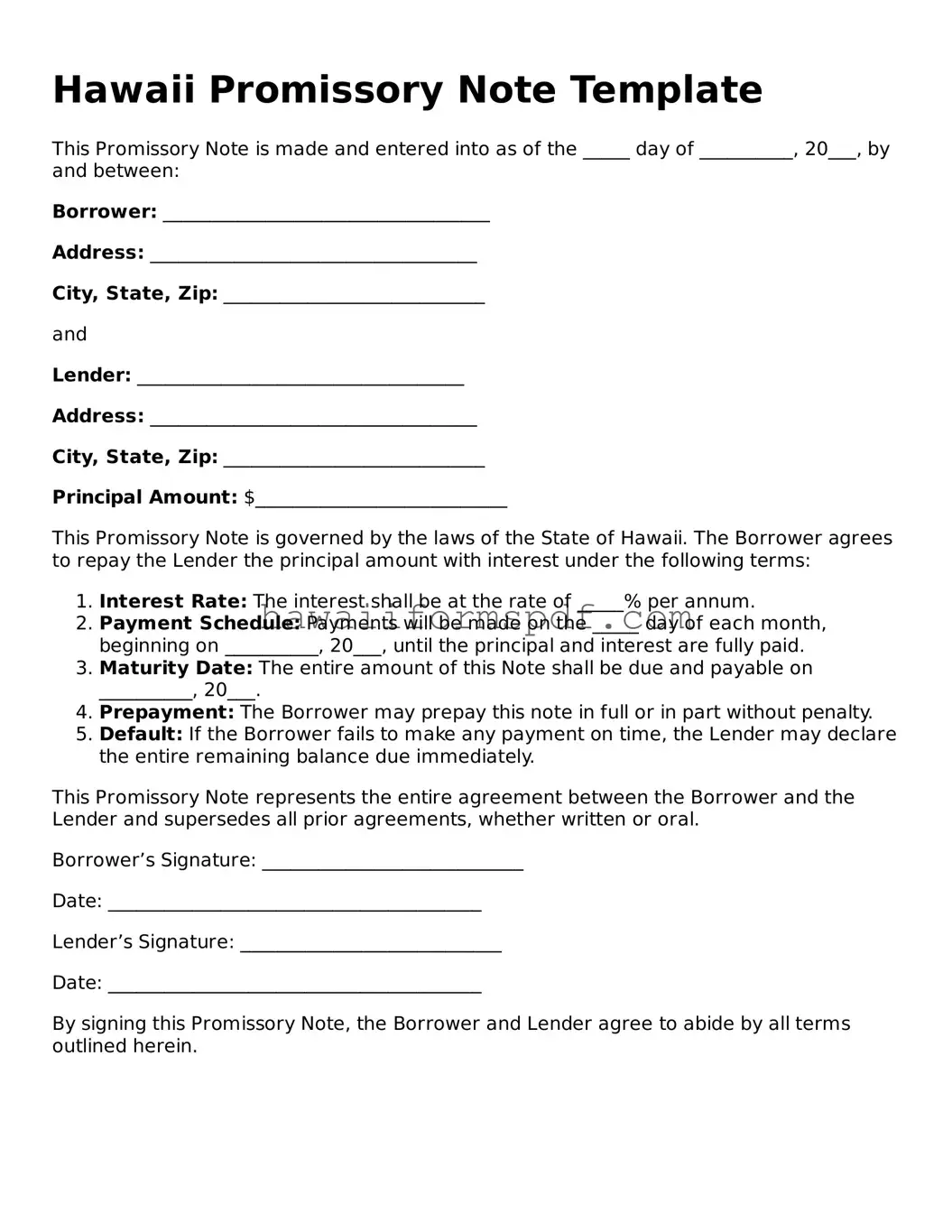 Free Hawaii Promissory Note Form