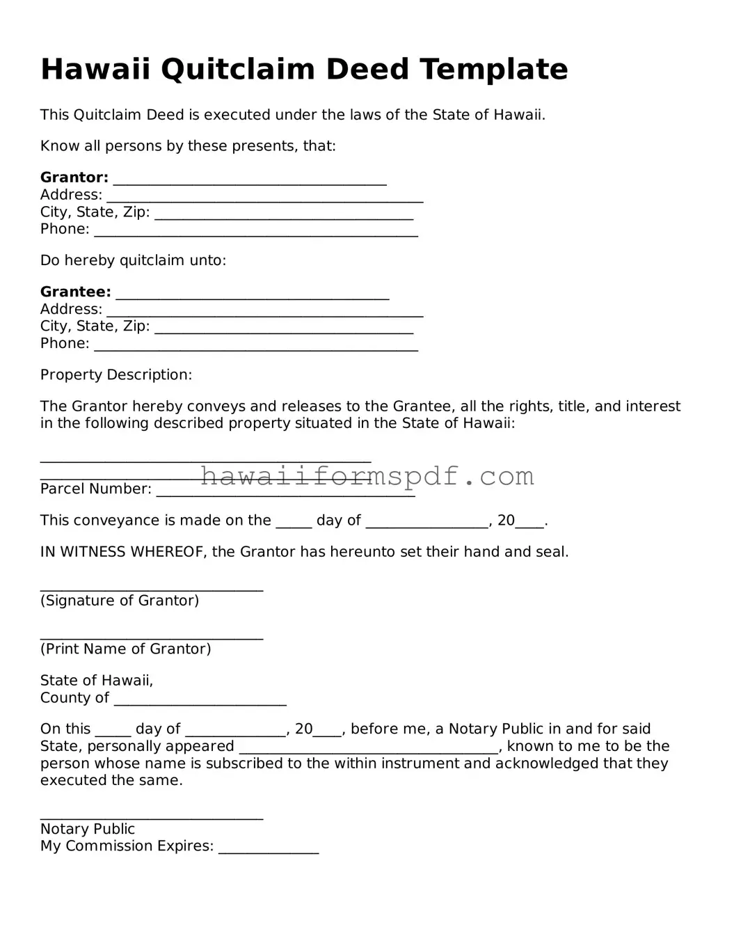Free Hawaii Quitclaim Deed Form