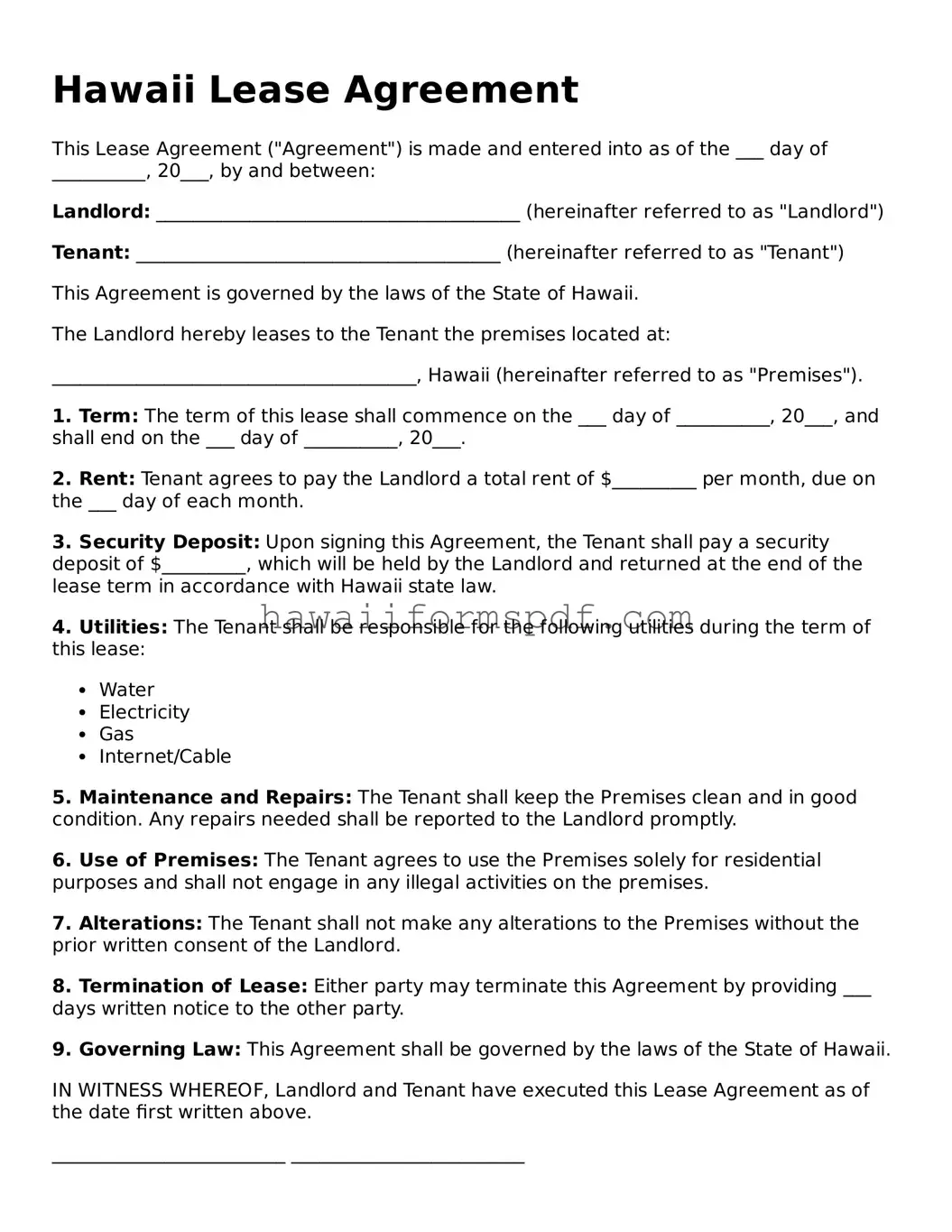 Free Hawaii Lease Agreement Form