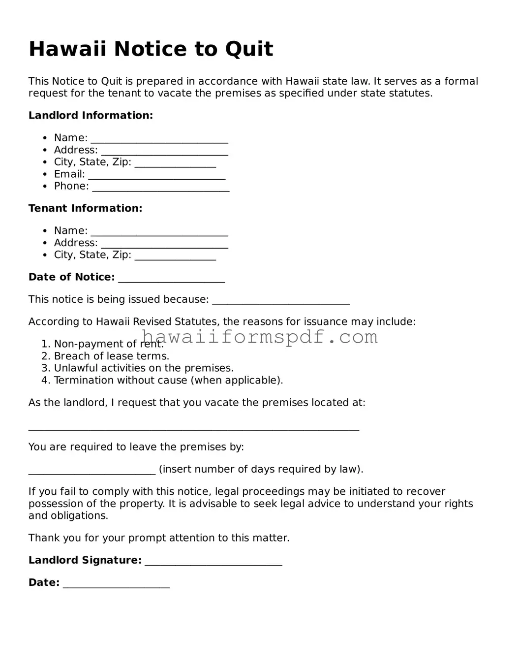 Free Hawaii Notice to Quit Form