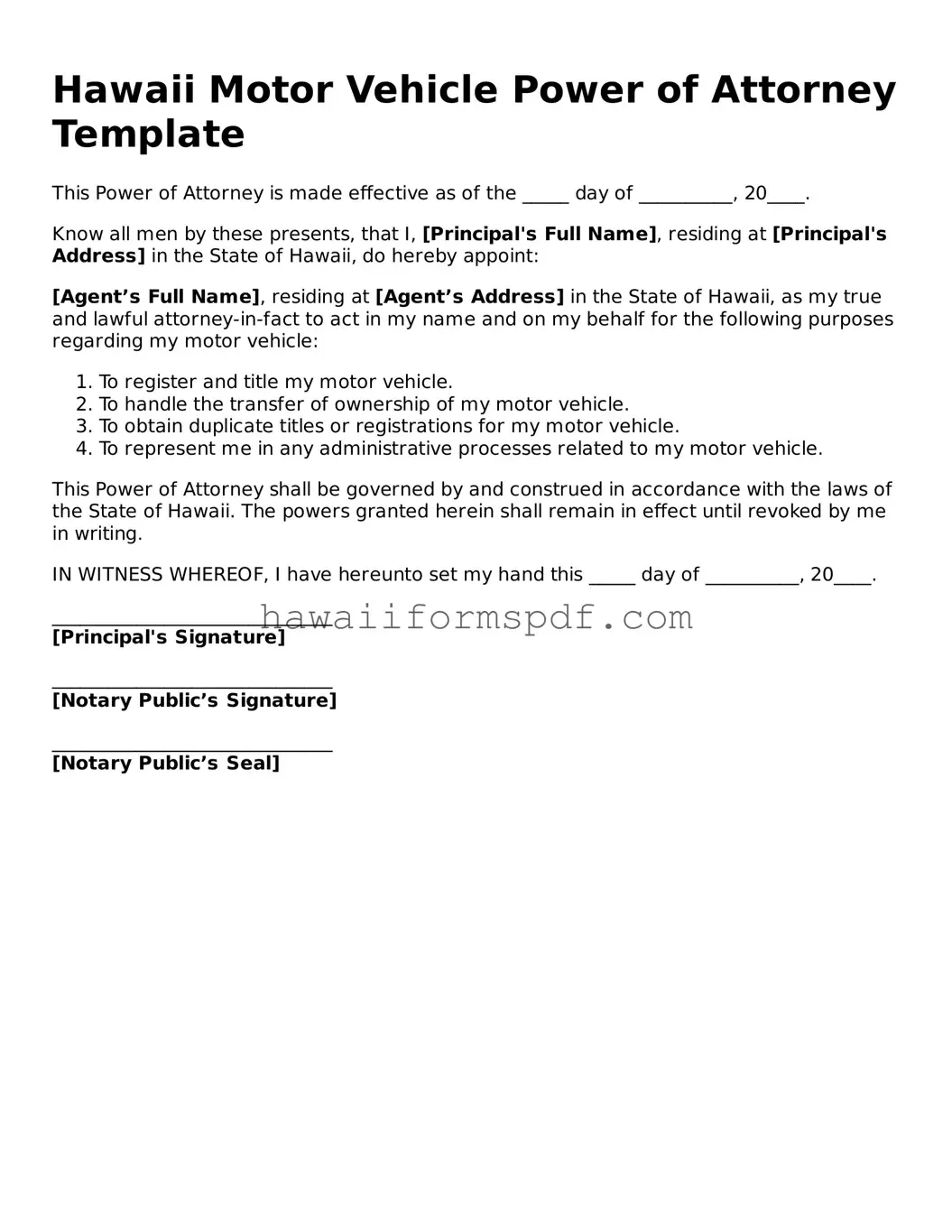 Free Hawaii Motor Vehicle Power of Attorney Form