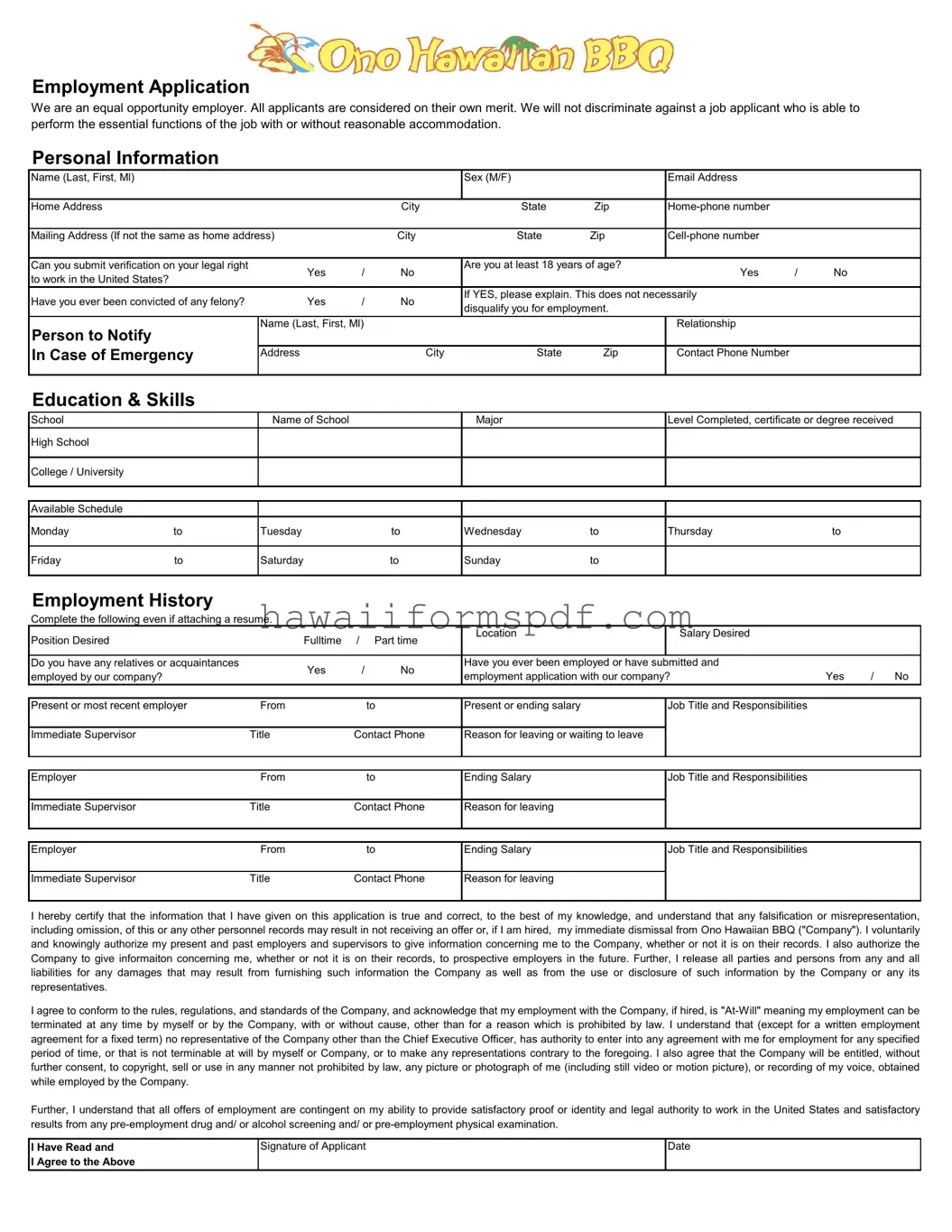 Free Ono Hawaiian Bbq Job Application Template