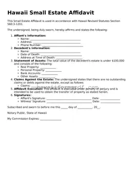 Free Hawaii Small Estate Affidavit Form