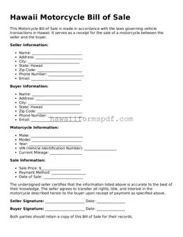 Free Hawaii Motorcycle Bill of Sale Form