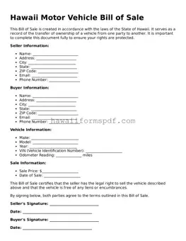 Free Hawaii Motor Vehicle Bill of Sale Form