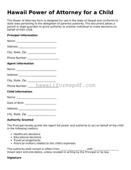 Free Hawaii Power of Attorney for a Child Form