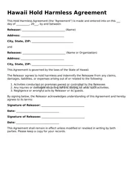 Free Hawaii Hold Harmless Agreement Form