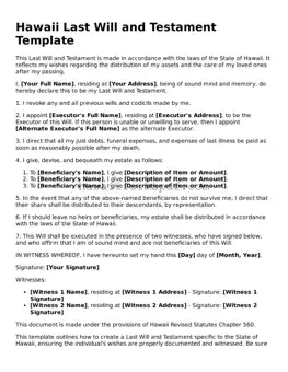 Free Hawaii Last Will and Testament Form