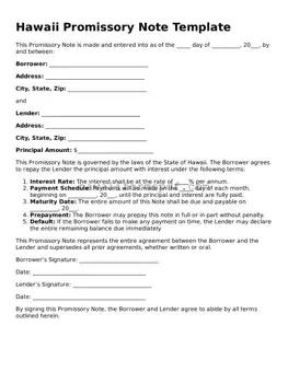 Free Hawaii Promissory Note Form