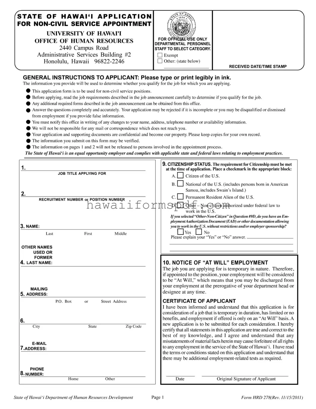 Free State Of Hawaii Hrd 278 Template