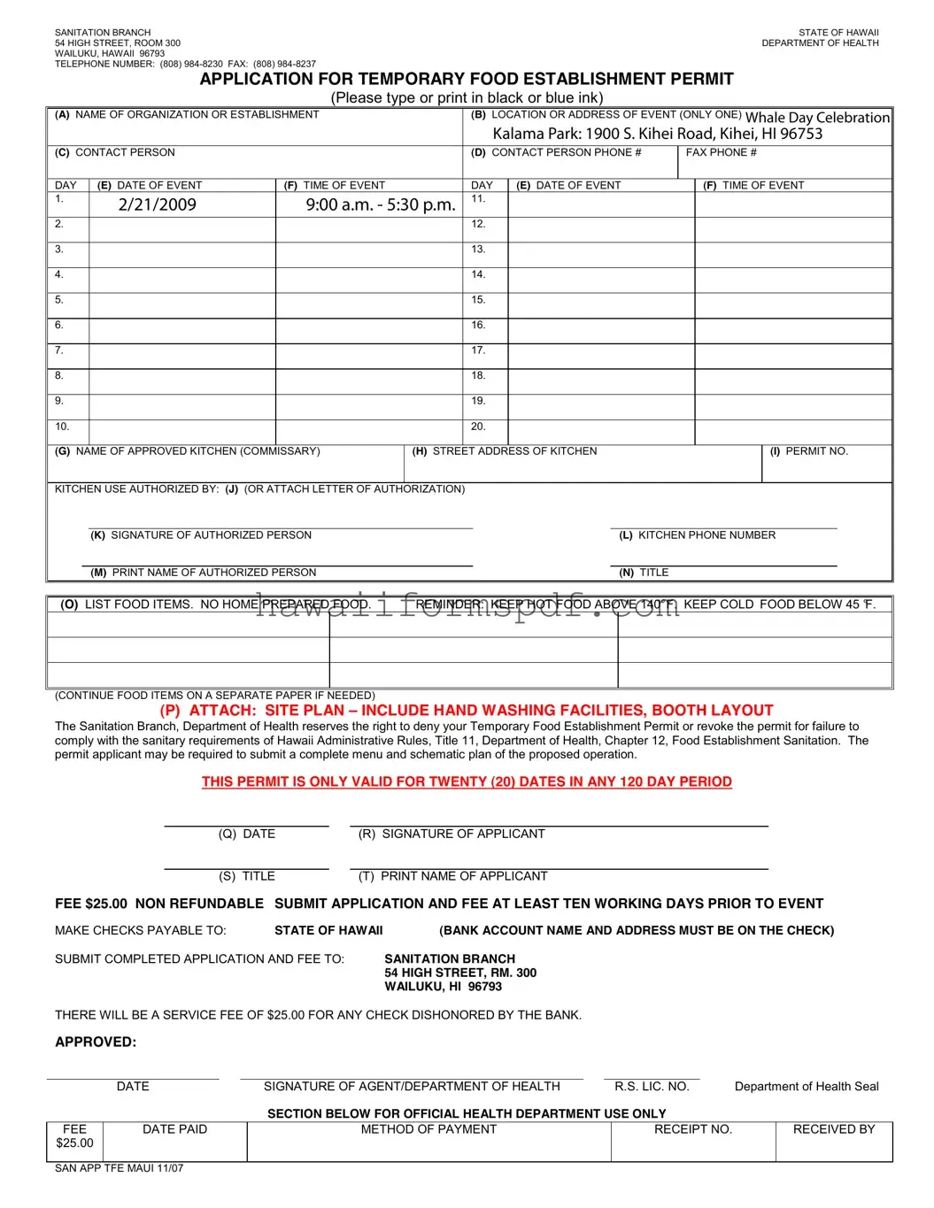 Free Temporary Food Permit Hawaii Template